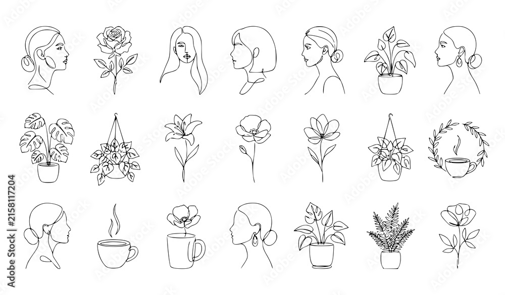 Fototapeta premium Continuous Line Art Woman Face, Rose, Plant and Coffee Cup Minimalist Vector Set