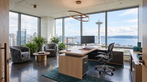 Modern Executive Office with Seattle Space Needle View