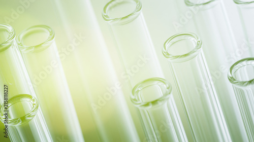 transparent glass test tube array glowing soft green bokeh backdrop evokes clean sustainable laboratory wellness atmosphere ideal for advertising web design banner layout
