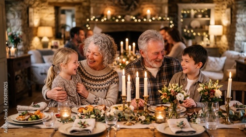Multi-generational family gathering at a festive dinner table with lit candles, stone walls, and warm ambient lighting in a cozy home setting