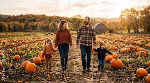 Family of four walking through a pumpkin patch at sunset with autumn foliage, wearing sweaters and jeans in a rural farm field