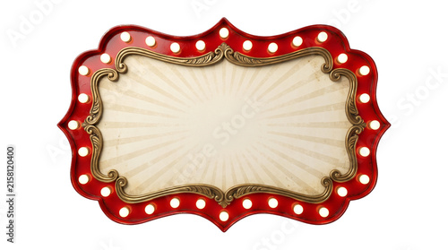 Fotografía Vintage Circus Marquee Sign Board with Glowing Light Bulbs, Retro Ornate Red and
