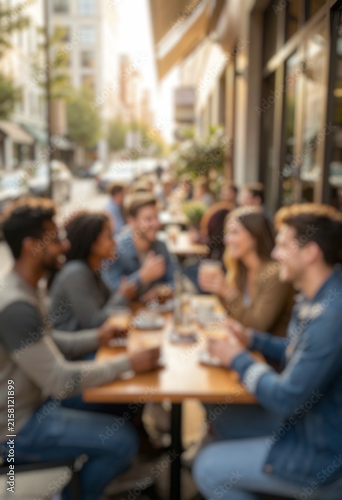 Fototapeta premium Blurred social gathering featuring people from diverse backgrounds enjoying time together, suitable for friendship, diversity, connection, and leisure concepts.