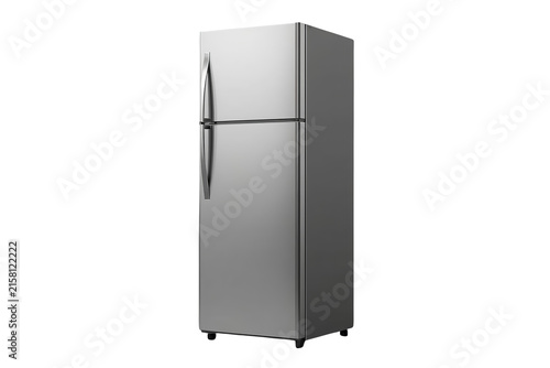 Tall silver two door refrigerator isolated on transparent background