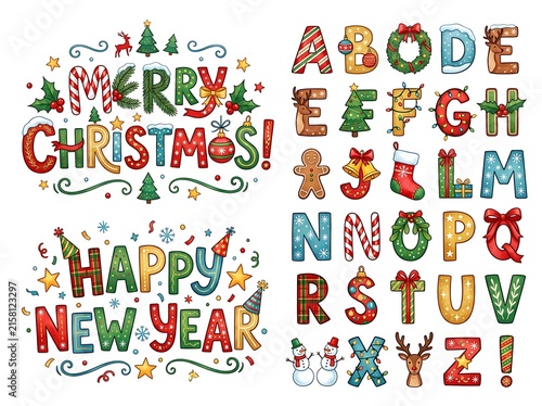 Christmas and New Year Alphabet Vector Set with Holiday Elements