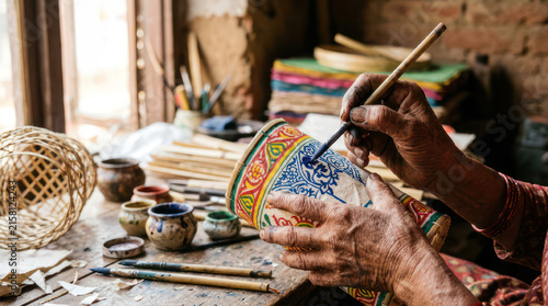 Artisan meticulously paints intricate designs on a ceramic pot.