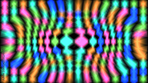 Abstract colorful stained glass pattern with glowing neon light effects and radial motion.