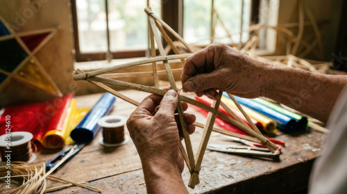 Hands crafting a star lantern with bamboo sticks and colorful paper.