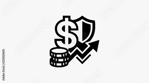 Clean Black and White Logo of Dollar Sign Shield Stacked Coins and Upward Arrow for Finance Security Growth