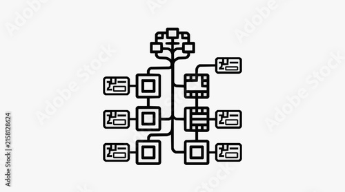 Clean Black and White Minimalist Network Diagram of Connected Devices and Servers with Tree Structure