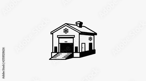 Clean Black and White Minimalist of a Garage with Snowflakes on Roof and Wall with high quality professional line art symbols for modern creative design and digital branding projects
