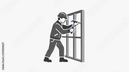 Clean Black and White of a Construction Worker Installing a Hollow Metal Door Frame with high quality professional line art symbols for modern creative design and digital branding projects