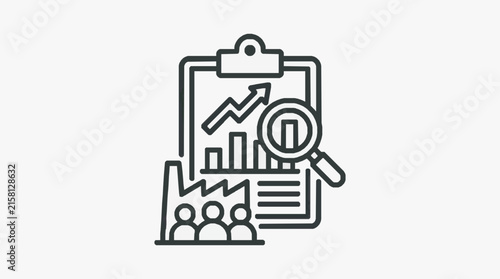 Clean Black and White of Analytics Charts and People with Magnifying Glass with high quality professional line art symbols for modern creative design and digital branding projects