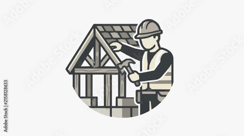Clean Black and White of Carpenter Working on Roof of a House with Hard Hat and Hammer with high quality professional line art symbols for modern creative design and digital branding projects