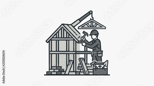 Clean Black and White of Carpenter Building a Wooden House with Construction Tools with high quality professional line art symbols for modern creative design and digital branding projects