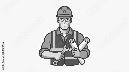 Clean Black and White of a Worker Holding Three Wrenches and a Socket Set with high quality professional line art symbols for modern creative design and digital branding projects
