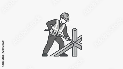 Clean Black and White of Construction Worker Hammering a Wooden Post into Ground with high quality professional line art symbols for modern creative design and digital branding projects