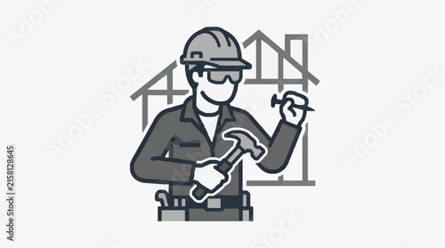 Clean Black and White of Construction Worker Holding Tools with House Blueprint with high quality professional line art symbols for modern creative design and digital branding projects