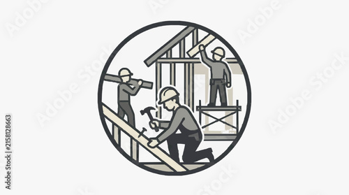 Clean Black and White of Construction Workers Building a Wooden Frame Structure with high quality professional line art symbols for modern creative design and digital branding projects