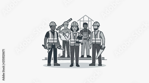 Clean Black and White of Construction Team Standing Together in Front of a Building with high quality professional line art symbols for modern creative design and digital branding projects