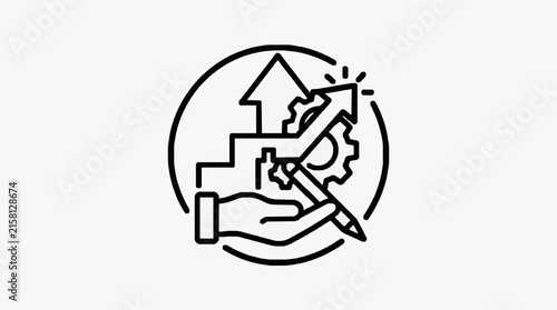 Clean Black and White of Global Collaboration with Gear Handshake and Upward Arrows with high quality professional line art symbols for modern creative design and digital branding projects
