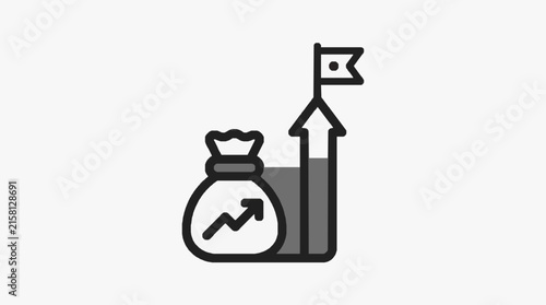 Clean Black and White of Money Bag with Upward Growth Arrow and Flag Symbolizing Financial Success and Growth