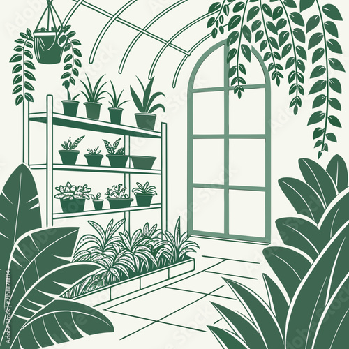 Green greenhouse interior illustration featuring shelves full of potted houseplants, greenhouse
