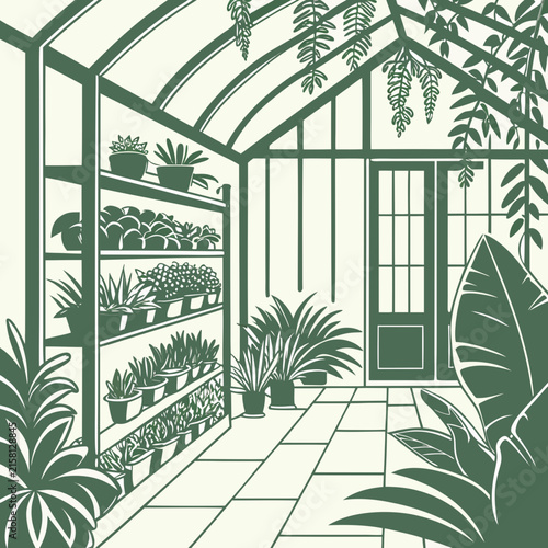 Botanical greenhouse interior artwork with shelving and hanging plants greenhouse botanical
