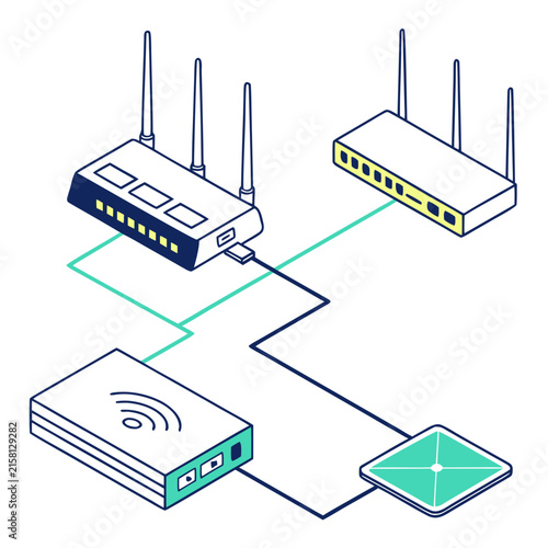 Isometric network routers and wireless access points setup with hardware internet wireless