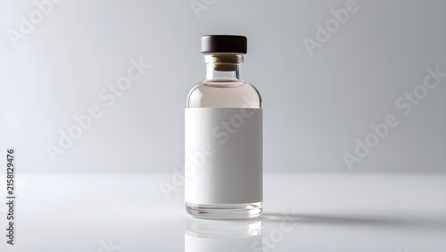 A glass bottle with simple blank white lable filled with a light liquid stands upright against a white background. AI generated