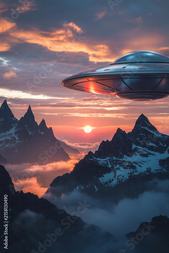 Retro sci fi ufo flying saucer close up hovering over snowy mountains at sunset with spaceship mountains landscape mysterious atmosphere painting