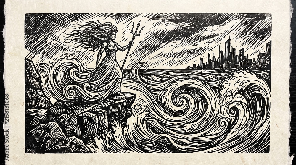 Obraz premium Hand-drawn vector sea witch illustration. Vintage pen and ink art with ocean waves, trident, and city background.
