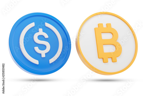 USDC and Bitcoin coins isolated on white background. 3d illustration.
