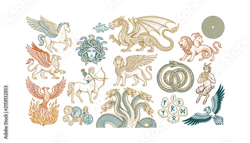 Foto Mythological creatures and ancient legends vector line art set featuring pegasus