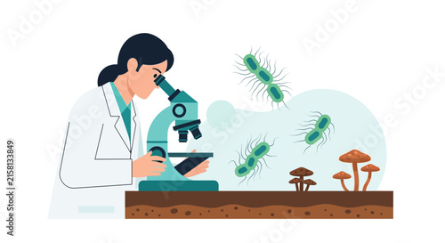 Female Scientist Researching Soil Microbiology and Bacteria with Microscope Illustration
