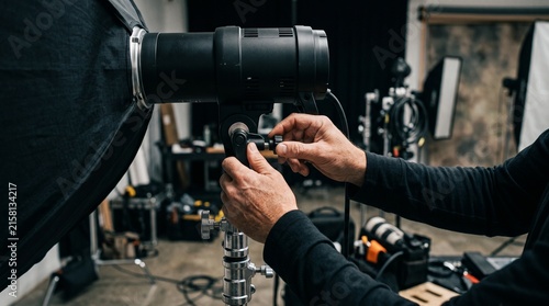Photographer Adjusting Studio Light: Close-up of a photographer's hands meticulously adjusting a professional studio lighting setup, preparing for a creative shoot.
