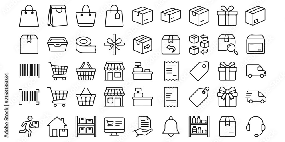 Fototapeta premium Set of hand drawn shopping and retail icons featuring bags boxes gifts and store elements in doodle style