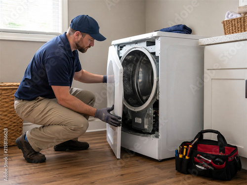 Home appliance repair technician kneeling beside an open washing machine with tools and service bag while inspecting the washer in a clean laundry room for maintenance and repair service