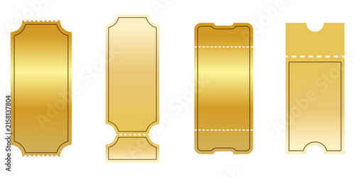 Premium graphic set of blank vertical event voucher tickets featuring metallic golden gradients with perforated stubs and jagged edges isolated on a white background.