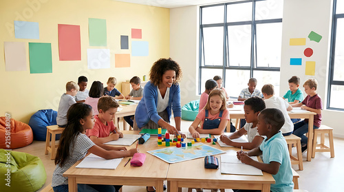 Teacher helping primary school children with learning exercises and building blocks on wooden desk in classroom setting.