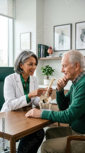 Doctor Explaining Spine Model To Senior Patient In Clinic