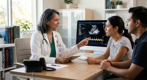 Doctor Explaining Ultrasound Results To Expecting Couple In Clinic