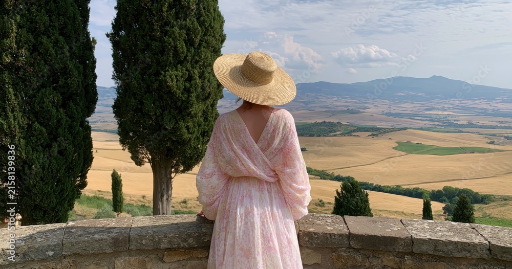 Fototapeta premium Woman and lady traveler enjoy the panoramic tuscany italy landscape and scenery