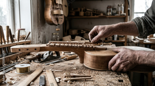 Craftsman working on a wooden musical instrument in workshop 1.