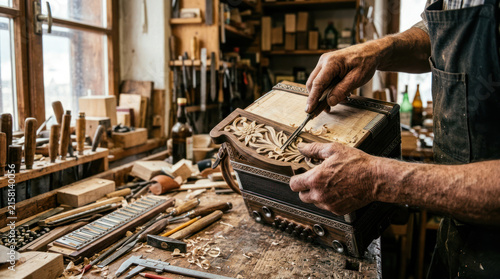 Craftsman working on intricate wooden music box in workshop.