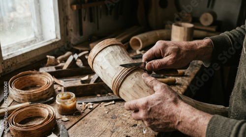 Craftsman working on wooden cylinder in workshop.
