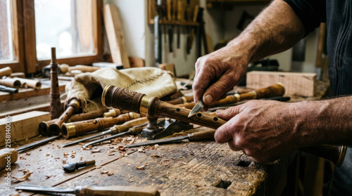 Craftsman working with woodworking tools in a workshop.