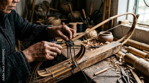 Elderly craftsman meticulously weaving a traditional snowshoe in his workshop.