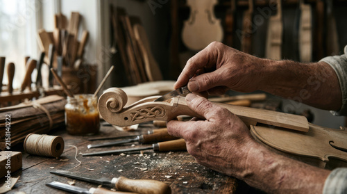 Luthier hands carefully carving a wooden violin scroll detail.