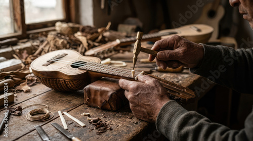 Luthier crafting a wooden ukulele in a workshop.